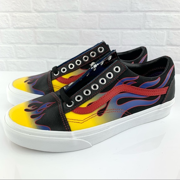 NEW! Vans Old Skool Racer Blk/Red Blue Flame Leather Shoes - Picture 6 of 16